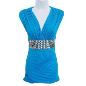Sky | Tops | Sky Brand Blue Top Ruched Heavy Rhinestone Waistband ...